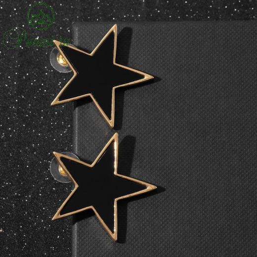 Серьги с эмалью "Звезда" в рамке,цвет чёрный в золоте