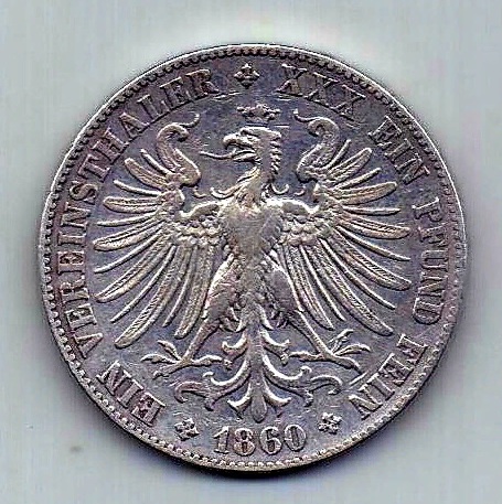 1 талер 1860 Франкфурт Германия XF