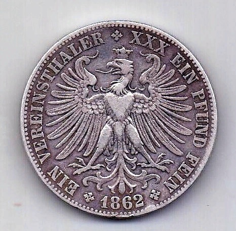 1 талер 1862 Франкфурт Германия XF- VF