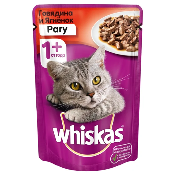 Влажный корм для кошек Whiskas кусочки в соусе с ягненком и говядиной