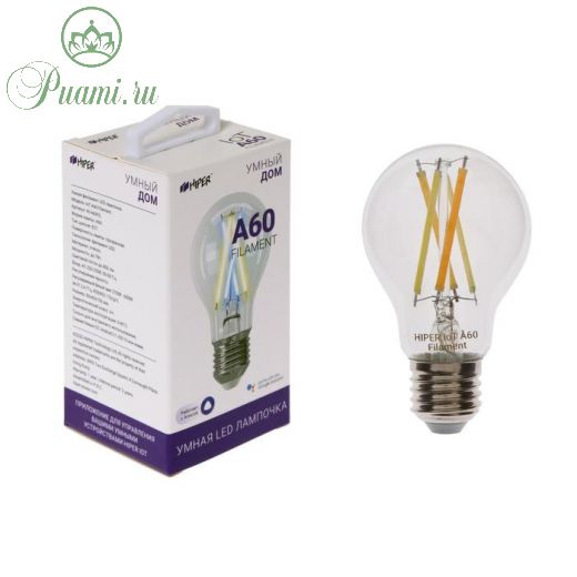 Умная LED лампа HIPER, Wi-Fi, Е27, А60, 7 Вт, 2700-6500 К, 800 Лм, филамент