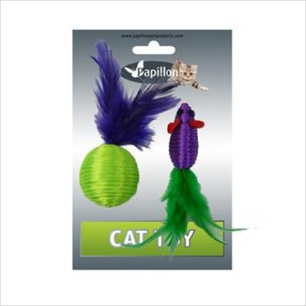 Игрушка для кошек Papillon Мышка и мячик с перьями 5+4см
