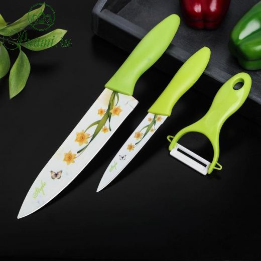 Набор кухонный Доляна «Нарцисс», 3 предмета: 2 ножа с антиналипающим покрытием, лезвие 12 см, овощечистка, 20?4 см, цвет зелёный