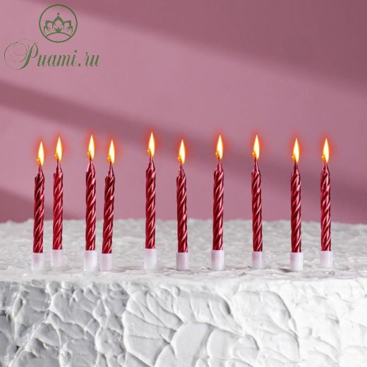 Свечи в торт "Спираль", 10 шт, средние, 7 см, красный металлик