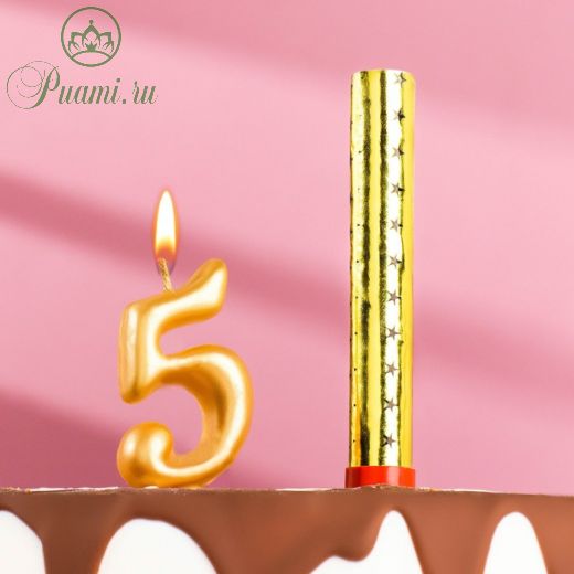 Свеча для торта цифра "Овал + фонтан" золотая "5"