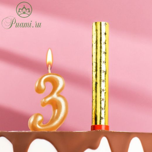 Свеча для торта цифра "Овал + фонтан" золотая "3"