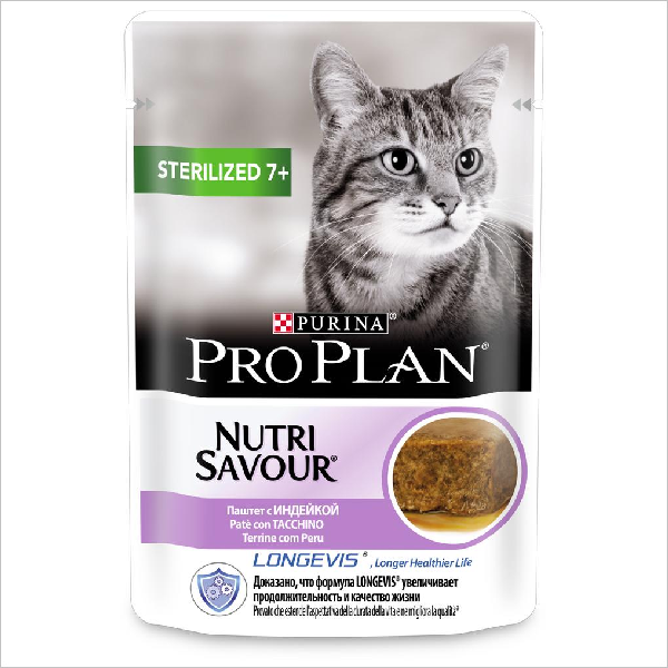 Влажный корм для стерилизованных пожилых кошек Pro Plan Nutrisavour паштет с индейкой 85 гр