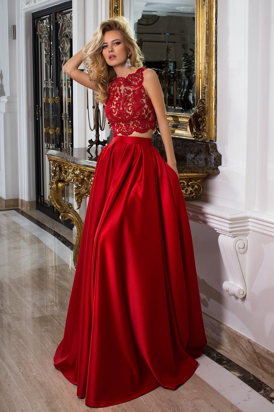 Раздельное вечернее платье красного цвета с пышной юбкой с карманами Арт.1028