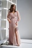 Изящное вечернее платье розового цвета в белый горошек с разрезом на ногу Арт. 550