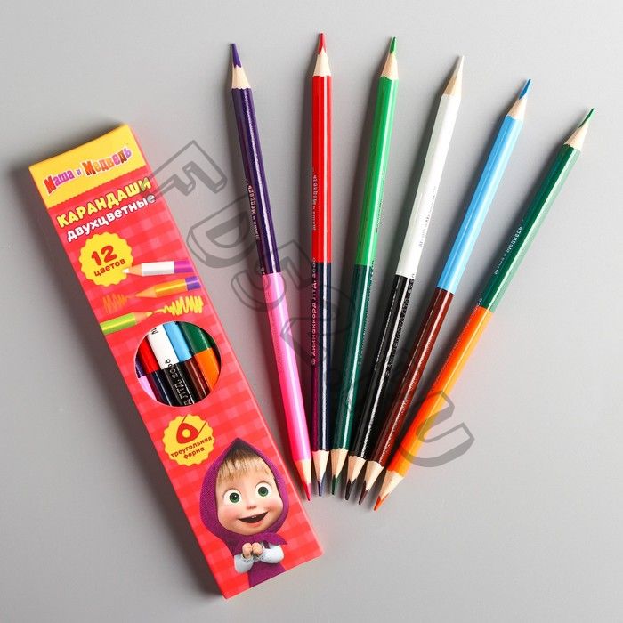 Двухсторонние цветные карандаши 12 цветов, Маша и Медведь, 6 шт