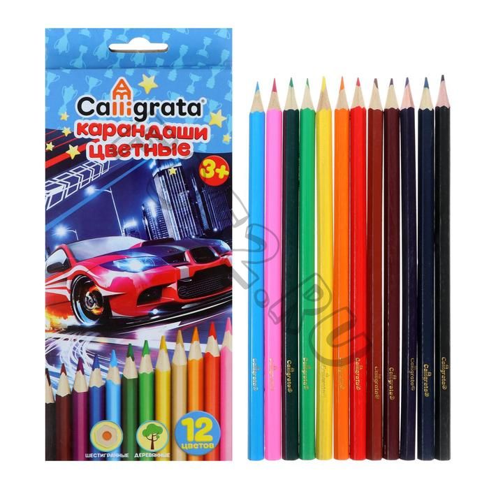 Карандаши цветные Calligrata "Машинка", 12 цветов, корпус шестигранный (деревянный)