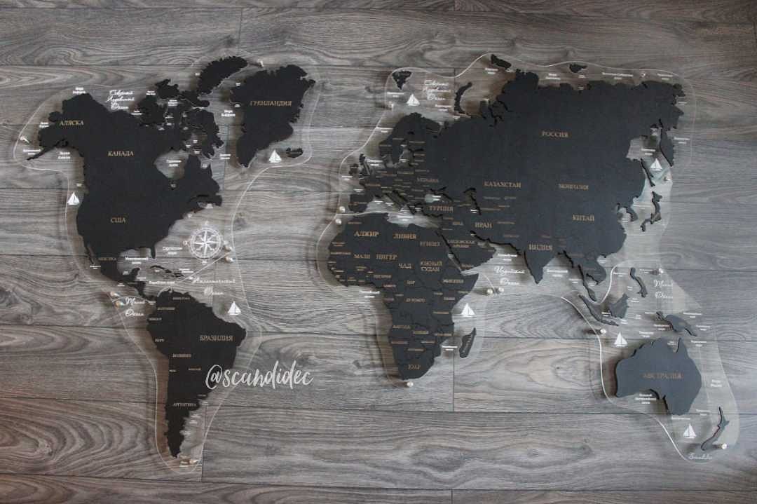 Черная одноуровневая карта мира из дерева на подложке из орг. стекла/без подложки