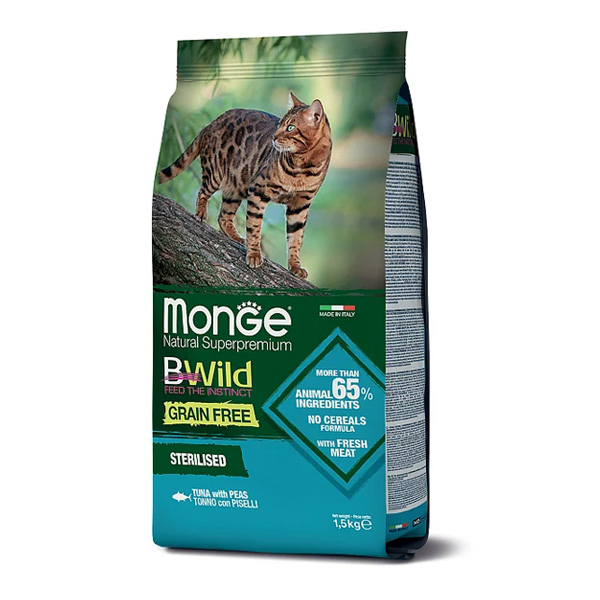 Сухой корм для стерилизованных кошек Monge BWILD Feed the Instinct беззерновой с тунцом и горошком 1.5 кг