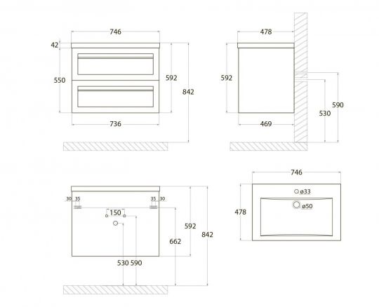 Подвесная тумба Art&Max PLATINO под мебельную раковину AM-Platino-750-2C-SO 75х47 схема 15