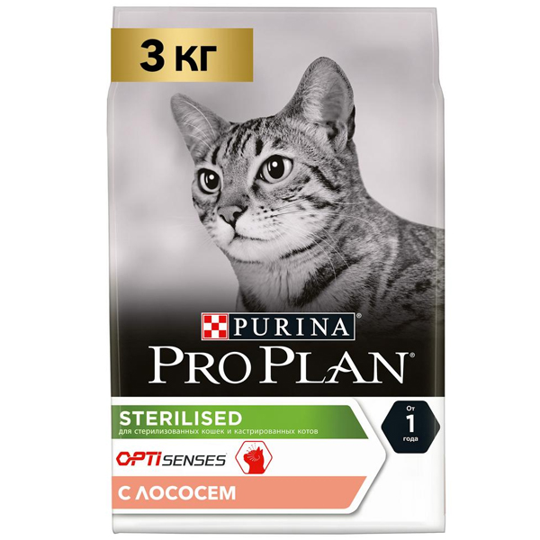 Корм для стерилизованных кошек Purina Pro Plan Sterilised OPTISenses для профилактики МКБ с лососем 3 кг