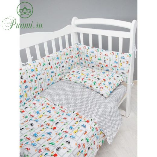 Комплект в кроватку 3 предмета baby boom, принт дорога, цвет белый-серый
