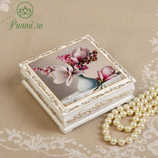 Шкатулка «Цветы в вазочке», белая, 10?10 см, лаковая миниатюра