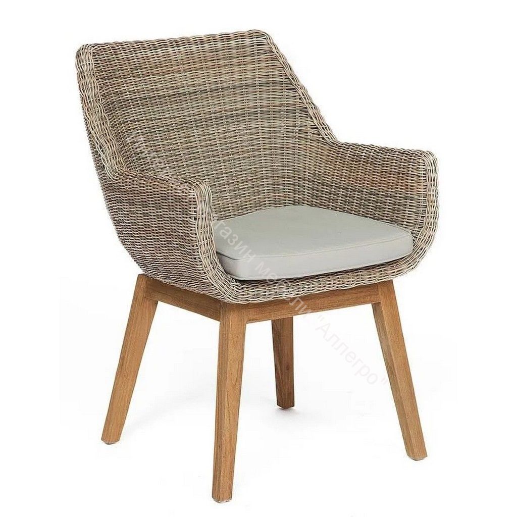 Кресло Secret De Maison Uranium с подушкой, дерево тик, искусственный ротанг, натуральный серый