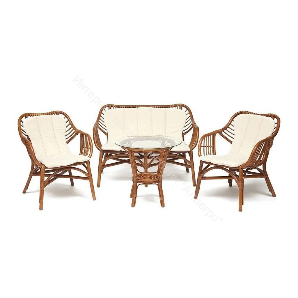 Комплект для отдыха SONOMA (стол круглый (со стеклом)+2 кресла+диван) /с подушками/ ротанг, coco brown (коричневый кокос)