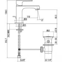 Смеситель для раковины с донным клапаном Gattoni H2OMIX3000 3041 излив 110 мм схема 2