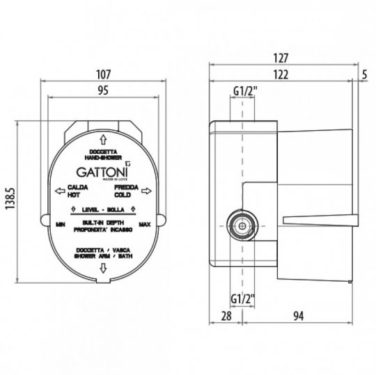 Элемент скрытого монтажа Gattoni GBOX на 2 выхода для смесителя для ванны/душа SС0550000 схема 2