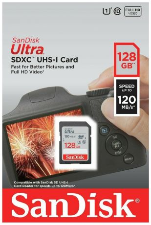 Карта памяти SanDisk Ultra SDXC Class 10 UHS-I 128 GB, чтение: 120 MB/s, запись: 10 MB/s