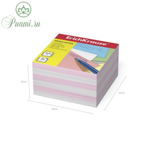 Блок бумаги для записей ErichKrause, 9 x 9 x 5 cм, плотность 80 г/м2, люкс, белый/розовый