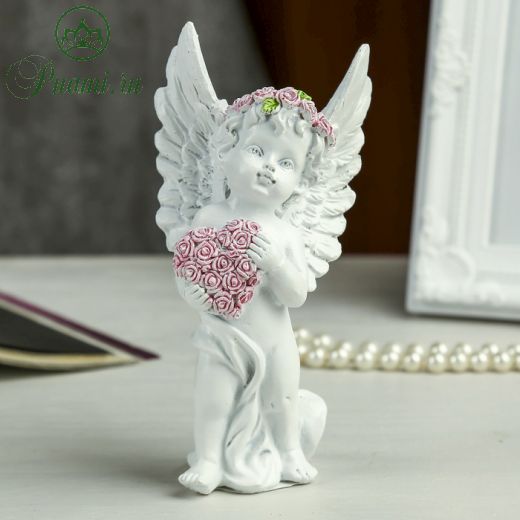 Сувенир полистоун "Ангел в розовом венке с сердцем из роз" МИКС 15х7,8х5,5 см