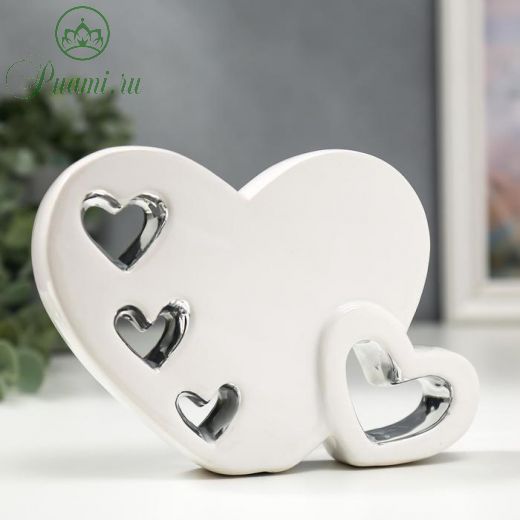 Сувенир керамика "Двойное сердце" белое с серебром 12,5х5х16,8 см