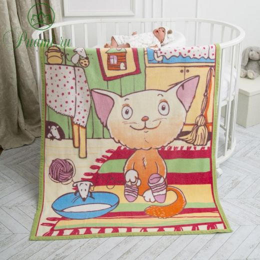 Одеяло байковое «Кот на кухне», размер 100х140 см цвет салатовый