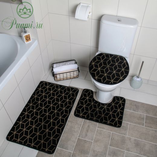 Набор ковриков для ванны и туалета Доляна «Геометрик», 3 шт: 35?40, 40?50, 50?80 см, цвет чёрный