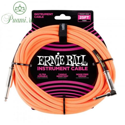 Кабель инструментальный ERNIE BALL 6067 - прямой / угловой джеки, 7,62м, цвет оранжевый неон   66338