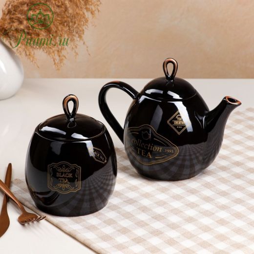 Набор чайный "Петелька", 2 предмета, чёрный, чай бронза, 1.3/0.8 л, микс