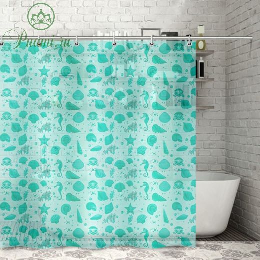 Штора для ванной комнаты «Ракушки», 180?180 см, полиэтилен, цвет зелёный
