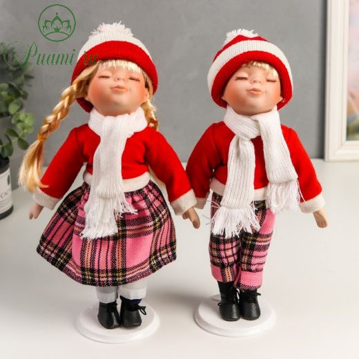 Кукла коллекционная парочка набор 2 шт поцелуйчики "Лера и Дима в розово-красном" 30 см