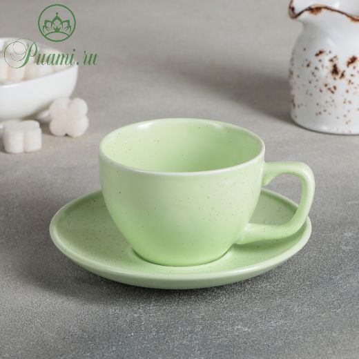 Чайная пара Доляна «Амелия», чашка 200 мл, блюдце d=14,2 см, цвет зелёный