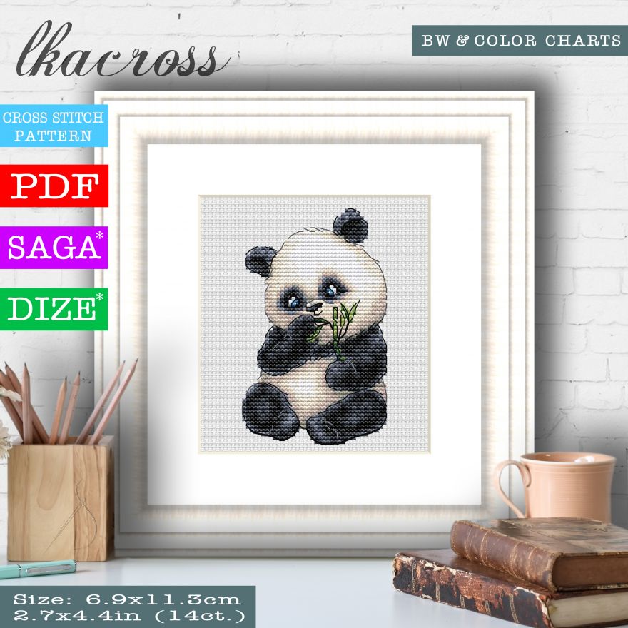 "Cute panda 3". Digital cross stitch pattern.