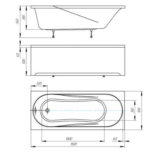 Пристенная прямоугольная ванна Акватек Либерти с каркасом 150х70 схема 2