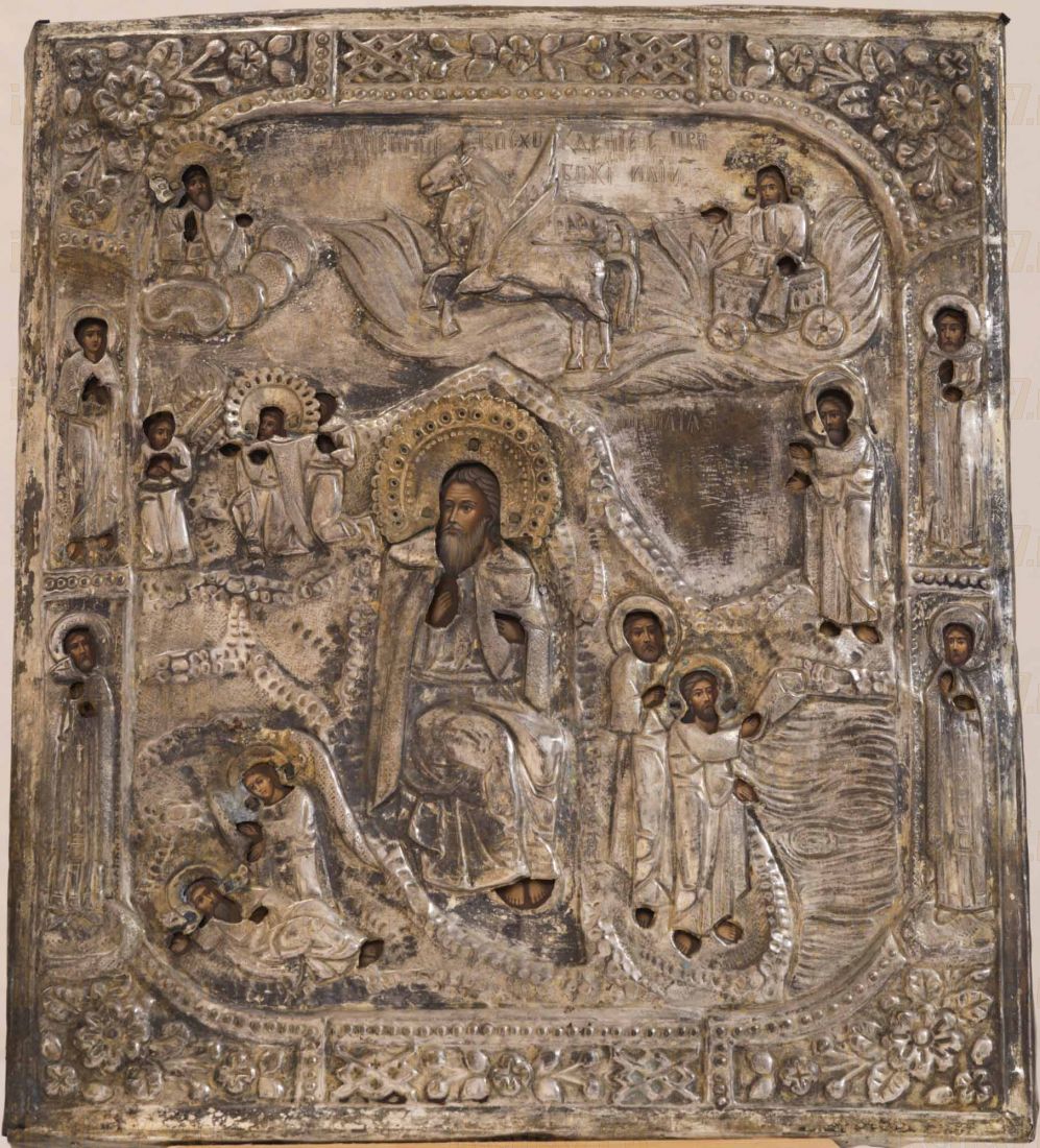 Икона Восхождение Святого Пророка Илии 19-го века с окладом (30*35см)