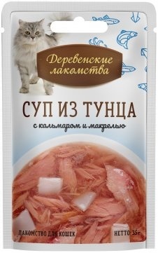 Деревенские лакомства консервы для кошек Суп из тунца с кальмаром и макрелью 35 гр