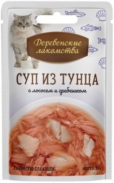Деревенские лакомства консервы для кошек Суп из тунца с лососем и гребешком 35 гр