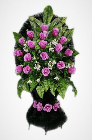 Фото Ритуальная корзина "София №1" фиолетовые розы и зелень