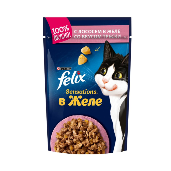 Влажный корм для кошек Felix Sensetions с лососем и треской кусочки в желе 85 гр
