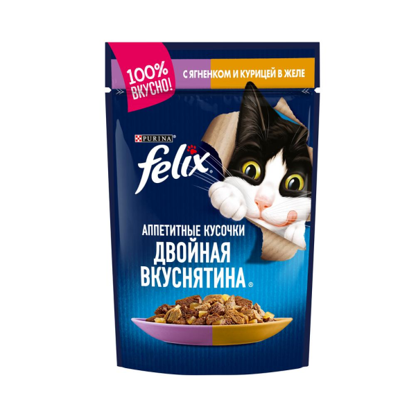 Влажный корм для кошек Felix Двойная Вкуснятина с ягненком и курицей кусочки в желе 85 гр