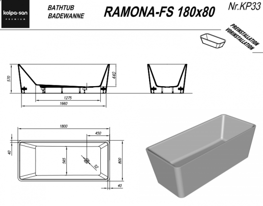 Ванна Kolpa San Ramona FS (Рамона ФС) 180x80 ФОТО