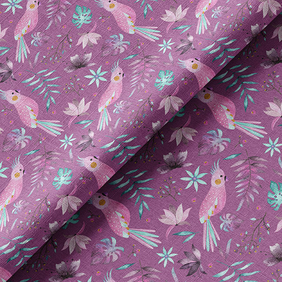 Ткань хлопок для шитья кукол Е.Кононова мятно-фиолетовые попугайчики limit 061