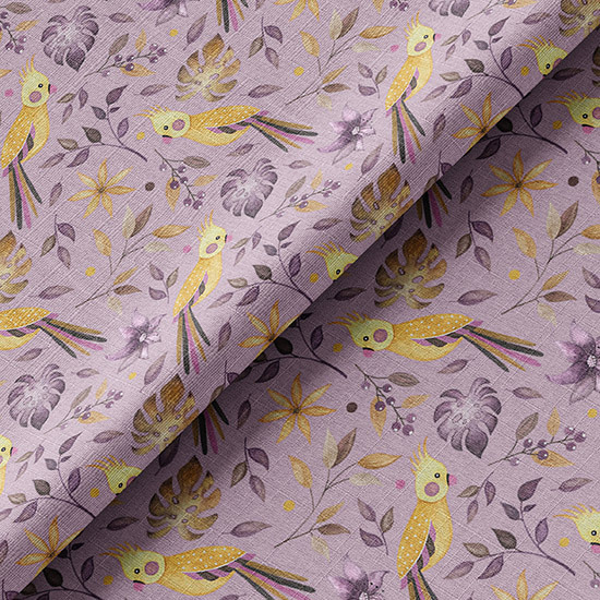 Ткань хлопок для шитья кукол Е.Кононова фиолетово-желтые попугайчики на фиолетовом limit 052