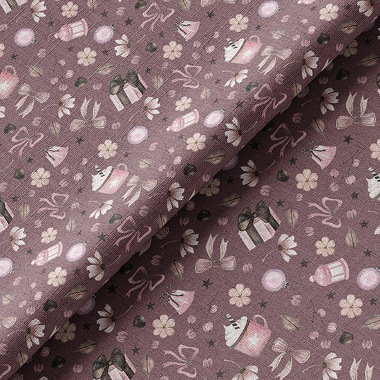 Ткань хлопок для шитья кукол Е.Кононова сладости и подарки на розово-фиолетовом limit 045
