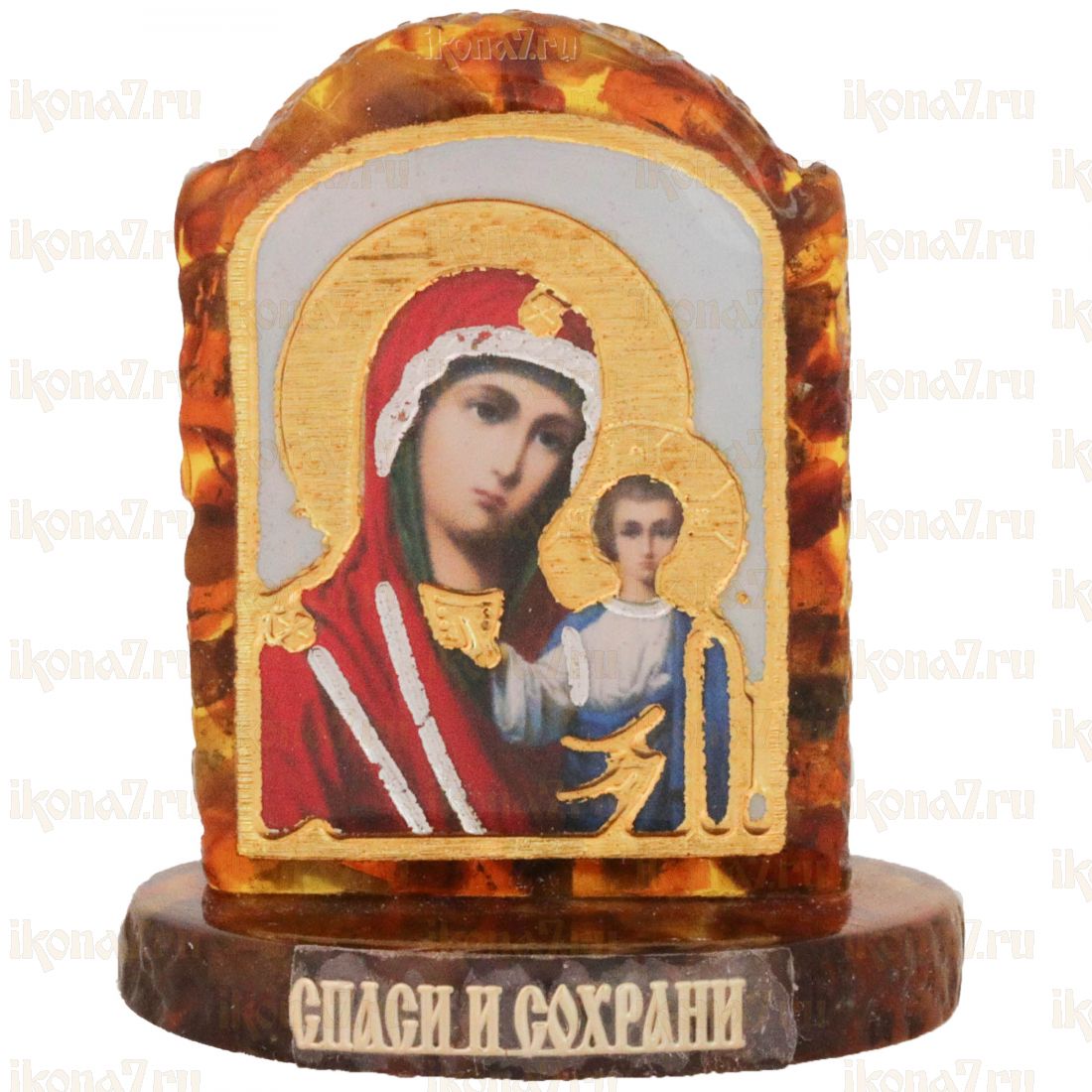 Казанская Икона БМ из янтаря на подставке Спаси и Сохрани