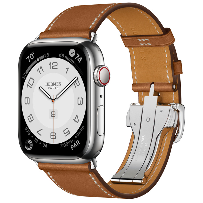 Apple Watch Hermès Series 9 45mm Silver Stainless Steel Case with Single Tour Deployment Buckle Fauve